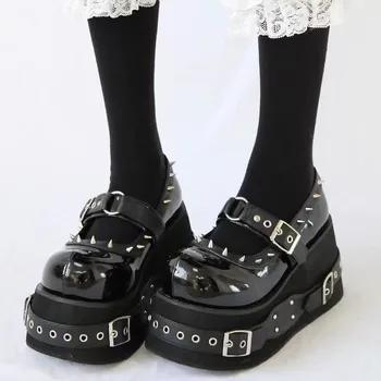 Gothic Rivet Muffin 10 CM Platform Mary Jane Shoes Punk Spice Girl Pu Leather Dark Shoes Women Y2K Subculture Lolita Shoes 35-42 1