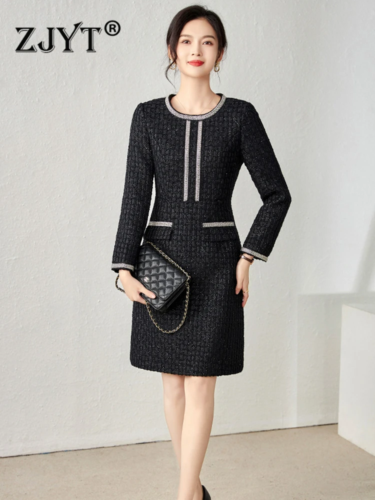 

ZJYT Autumn Winter Beading Tweed Woolen Dresses for Women 2023 Long Sleeve Vintage Black Vestidos O Neck Casual Party Robe Femme