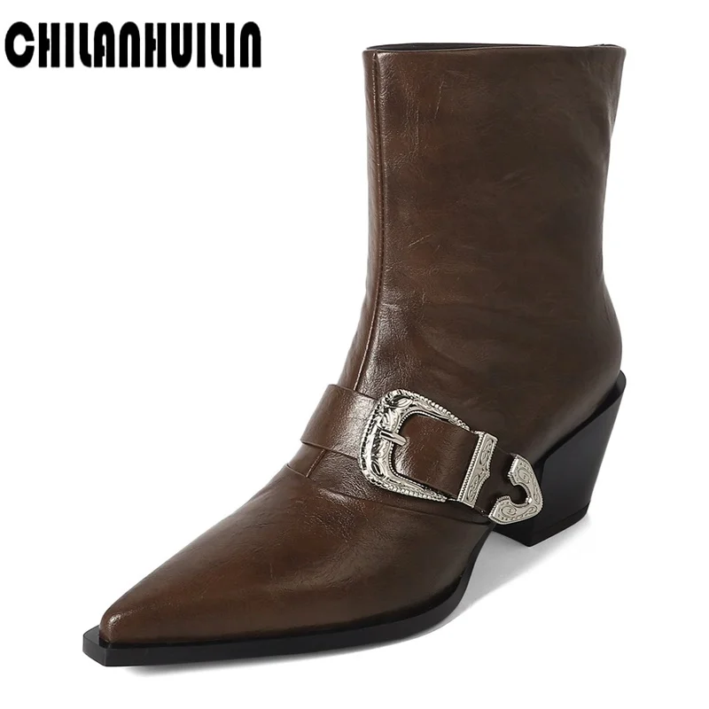 

metal buckle pointed toe ankle boots retro leather thick high heel chelsea boots runway shoes women cowboy boots cossacks botas