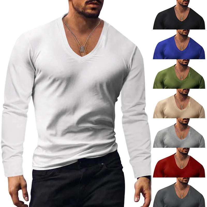 

Men's T-shirt Top Autumn and Winter Bottom European and American Men's V-neck Solid Large Casual T-shirt Men