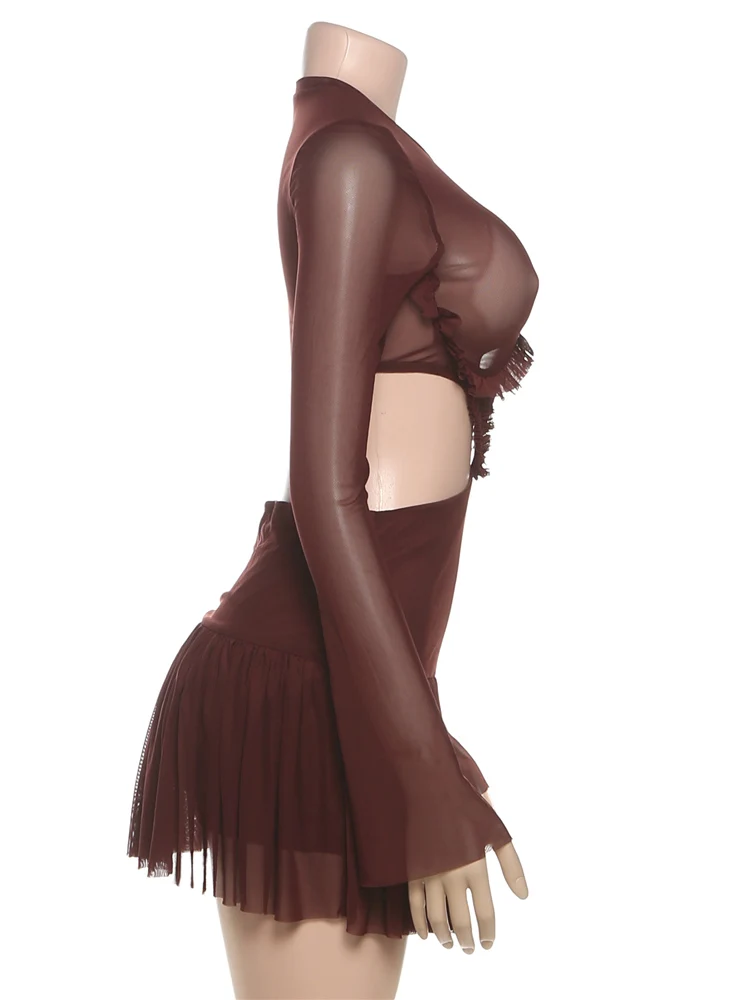 Nibber Waistless Patchwork Mesh Dress Woman o-Neck Full Sleeve Ruffle Hollow Design Midnight Club Party Sexy Fashion Bodycon 4