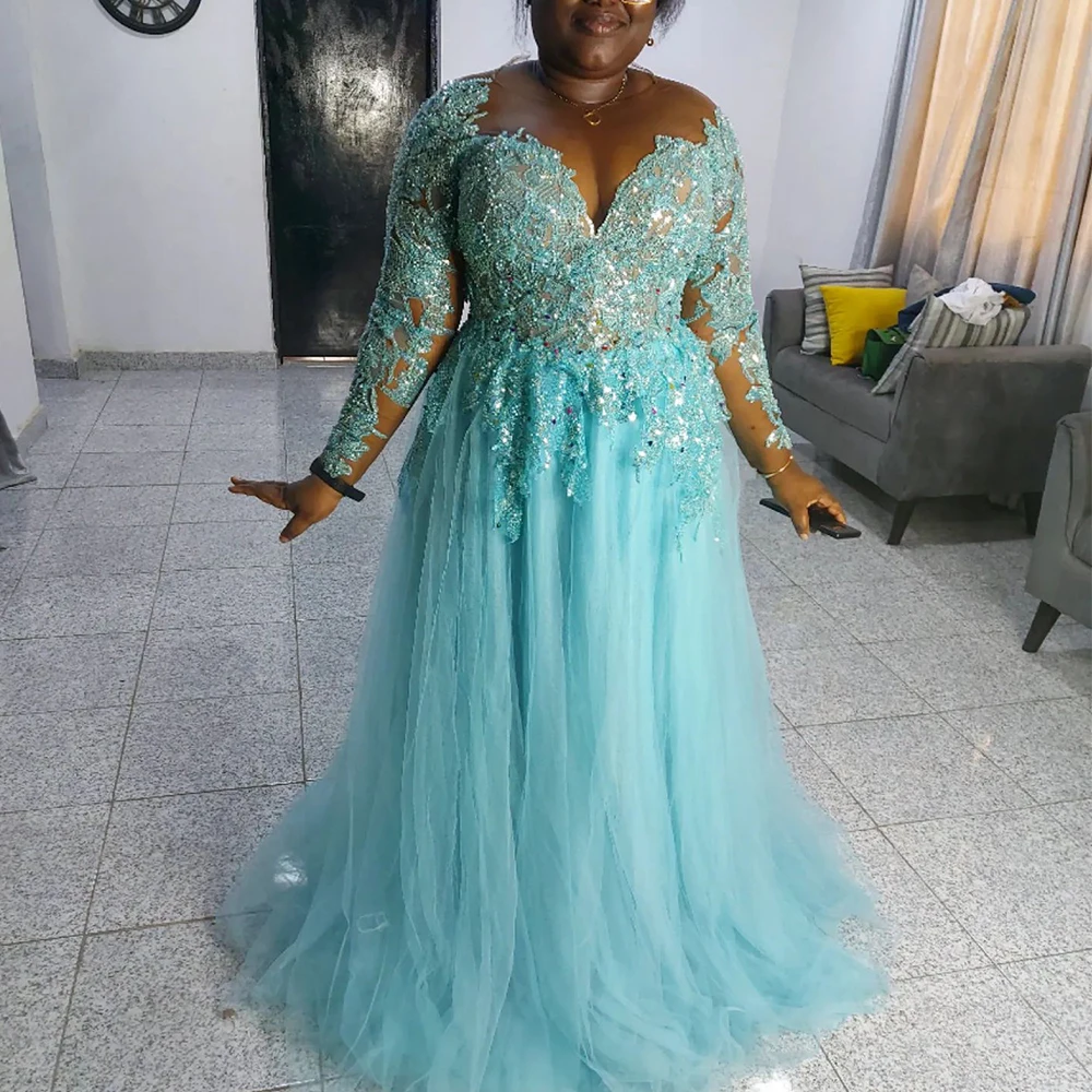 Misshow Abito da sposa per ospiti da donna, lungo scollo rotondo, appliques pizzo chiffon senza maniche, Blu marino, 44