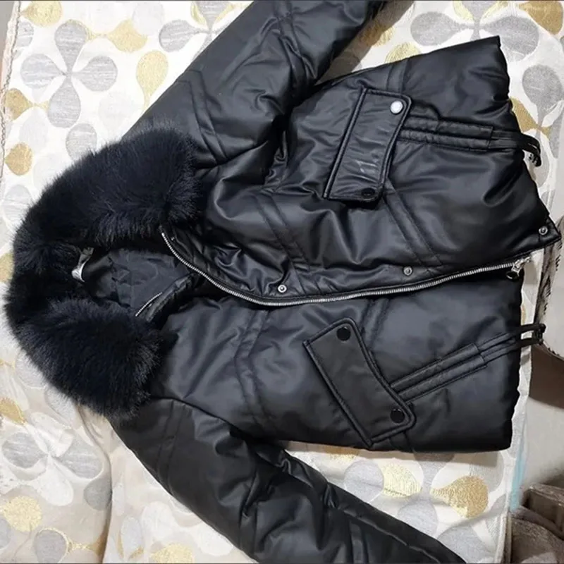Autumn Winter Matt Leather Cotton-padded Jacket Women Short Coat Fox Fur Collar Thicken Faux Sheepskin Parkas Female Coats