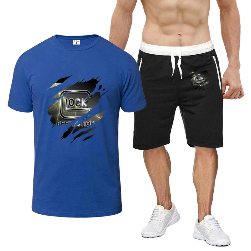 Glock perfect shooting printing men's comfortable eight-color short-sleeved shorts suit pure cotton Harajuku sports T-shirt suit