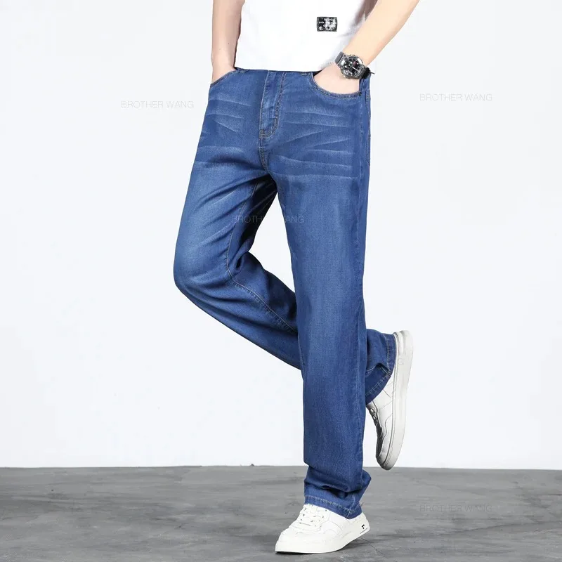 

Summer Men Lyocell Thin Baggy Jeans Classic Straight Business Casual Elastic Denim Pants Male Brand Trousers Plus Size 42 44 46