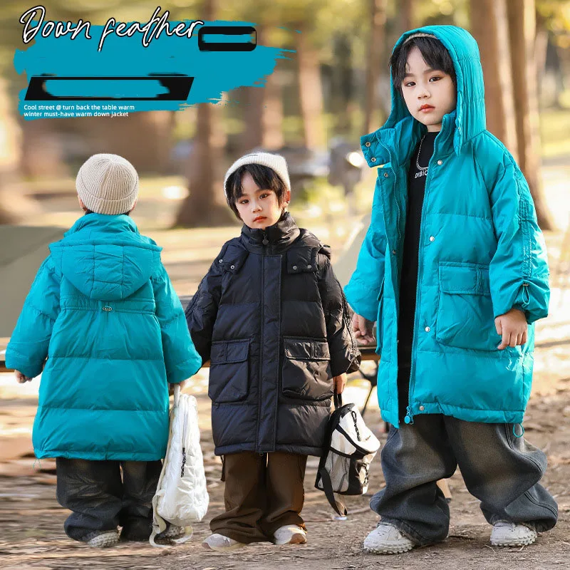 

Winter 2023 Children Boy Duck Down Jacket Thick Warm Long Sleeve Toddler Boy Snowear Coat Solid Hooded Long Kids Boy Down Jacket