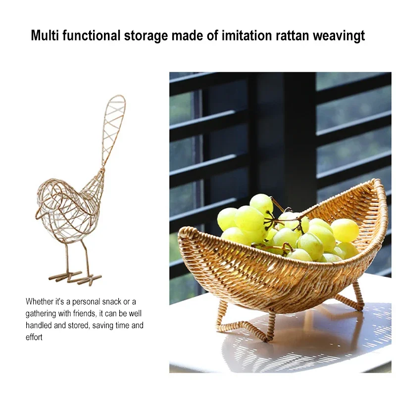 Rattan Fruit Bowl Tray for Coffee Table Woven Sundries Basket Rattan Fruit Tray Crecent Shape Basket Plastic Rattan Egg Basket