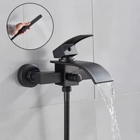 Black Bathroom Tub Faucet Single Handle Waterfall Spout Mixer Tap with Hand Shower Wall Mounted Gold Bath Faucets Bathtub Tap 2