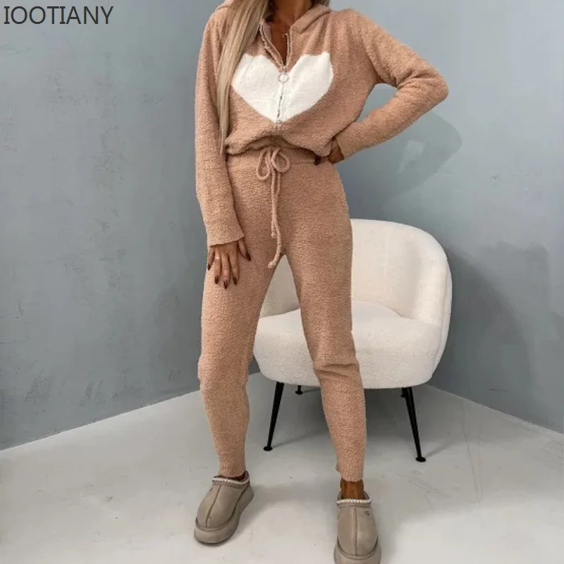 Autumn/Winter Solid Color Plush Hooded Suit Long-sleeved Warm Home Wear Two-piece Comfortable Casual Splicing Pants Outfit