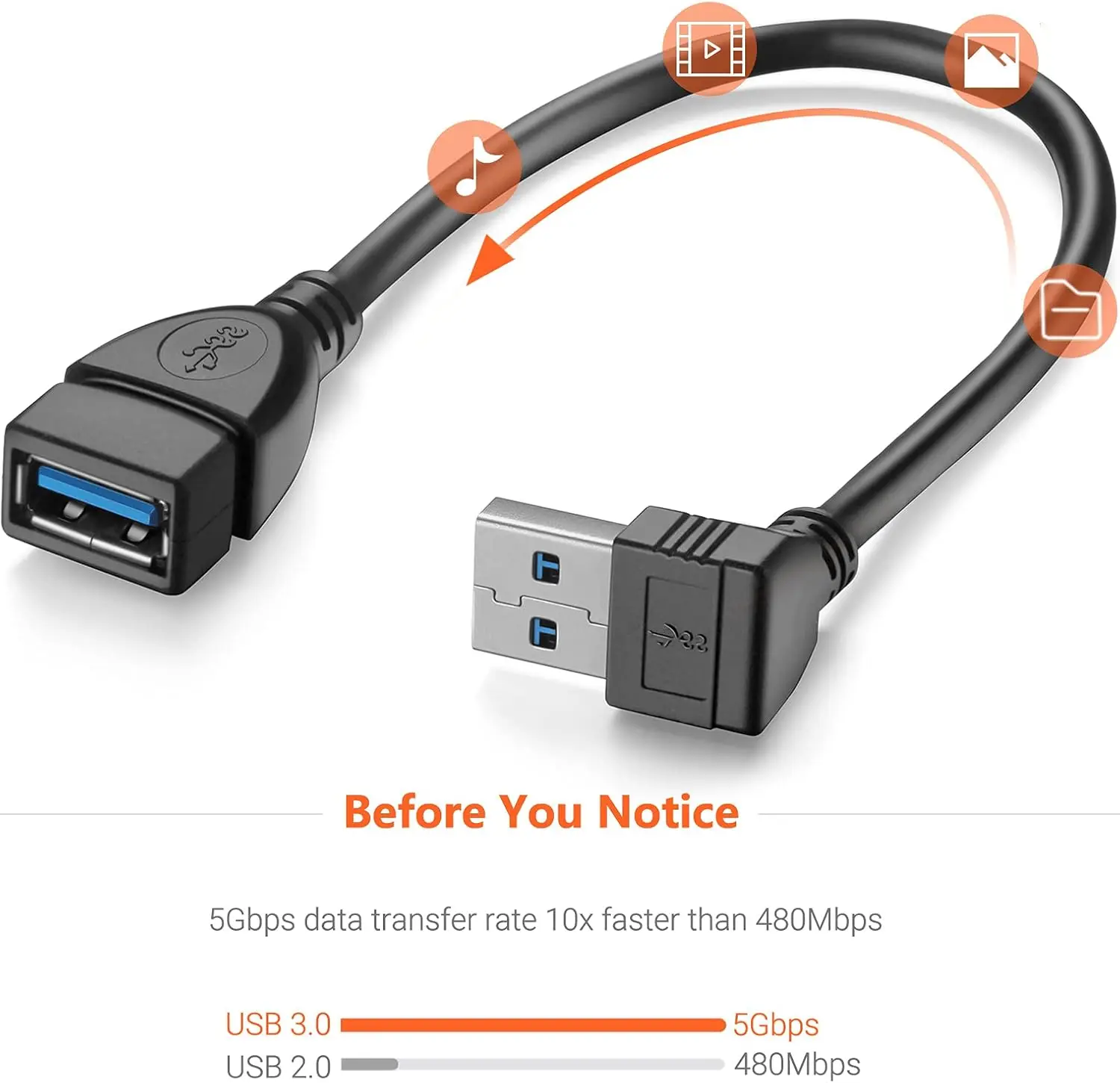 Right-Angle USB 3.0 Extension Cable - A Male to A Female Adapter