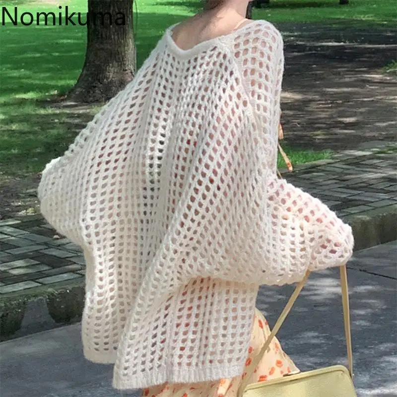 뜨게 여성용 오버사이즈 가디건 코트, 캐주얼 단색, 긴팔, 할로우 아웃, 한국 스웨터 재킷, 패션