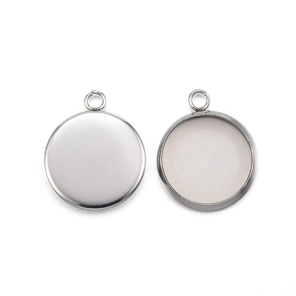 

304 Stainless Steel Pendant Cabochon Settings Plain Edge Bezel Cups Flat Round Stainless Steel Color Tray: 12mm 16.5x13.5x2mm