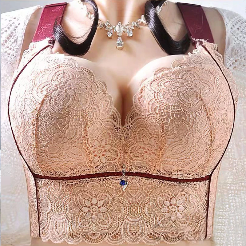 Womens Wireless Push Up Bra Plus Size Modeled Cups Underwear Female Adjustable Lace Lingerie 34 36 38 40 42 48 B C D E Black