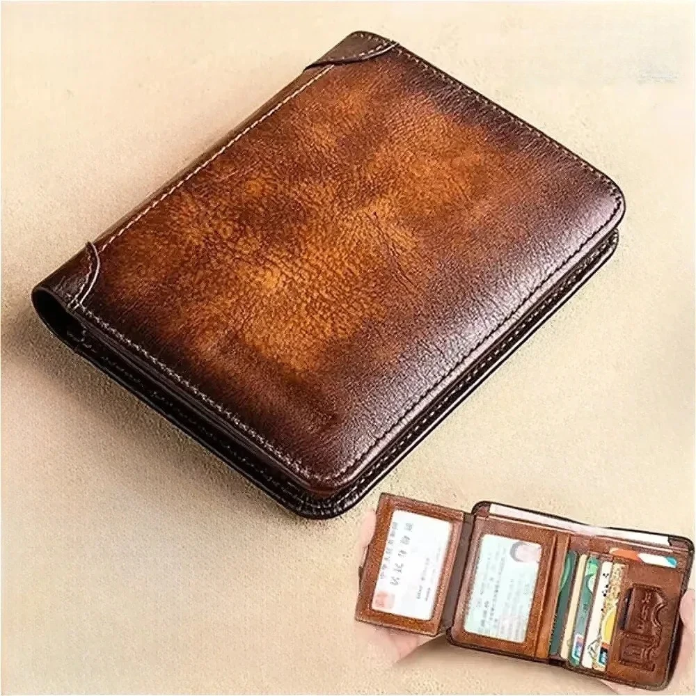 Men Wallet Genuine Leather Rfid Blocking Trifold Wallet Vintage Thin Short Multi Function ID Credit Card Holder Male Purse Money