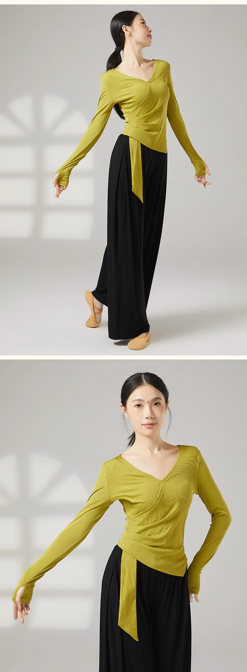 Damen-Tanzoberteil mit V-Ausschnitt und langen Ärmeln, unregelmäßiges Design, modernes klassisches Tanz-Übungsshirt, bequemes, dehnbares, atmungsaktives Oberteil – Detail 4