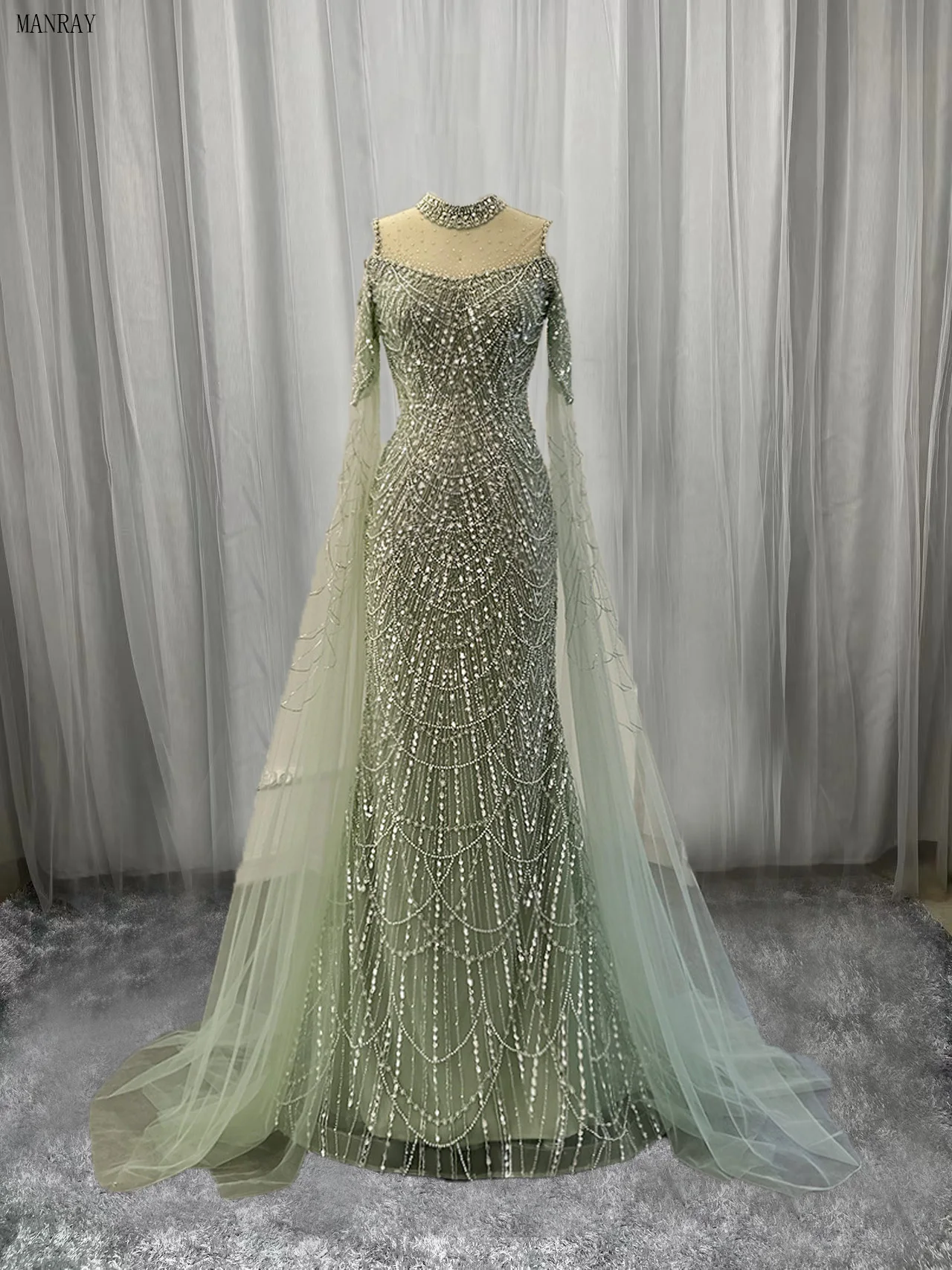 

MANRAY Sage Green Mermaid Luxury Dubai Evening Dresses with Cape Sleeves Elegant Women Purple Wedding Party Gown