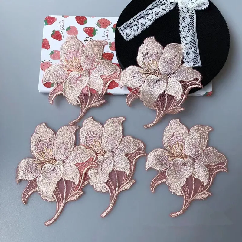 Shiny Flesh Pink Mixed Hollow Gradient Sewing Motif Venise Lace Applique for Garment Embroidery Lace Patches 5Pcs/Lot 10*9cm