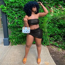 

2022 Summer Party Two Piece Sets Womens Outifits Sexy Off Shoulder PU Leather Cropped Top and Irregular Bodycon Mini Skirts Suit
