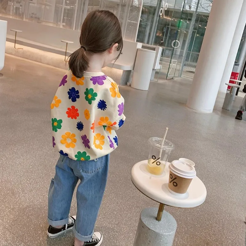 

New Girls One Piece Top Spring Autumn Full Sleeve Unhooded Coloful Flower Fashion All-match Loose Outdoor Sweet