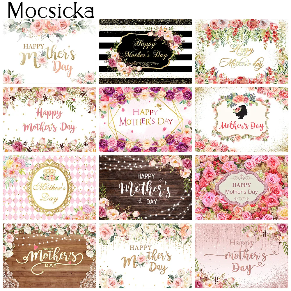 

Happy Mother's Day Party Banner Backdrop Flowers Rose Gifts Love Mom Cake Table Background Women Queen's Day Decorations Props