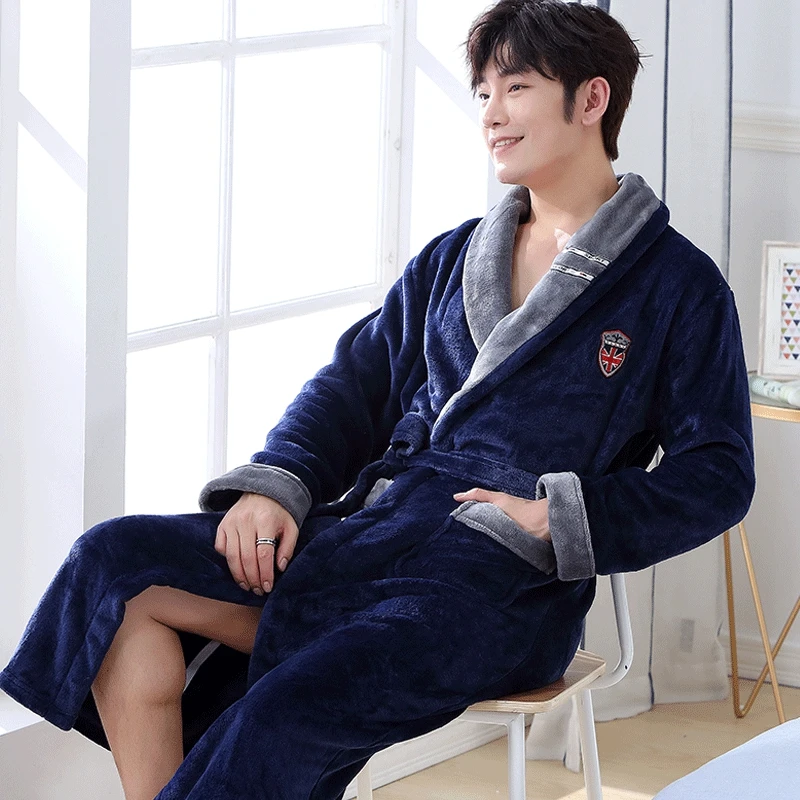 남성용 플란넬 목욕 가운, 두꺼운 목욕 가운, 테리 긴 소매 단색 수면 가운, 여성 잠옷, 기모노 라운지, 3XL