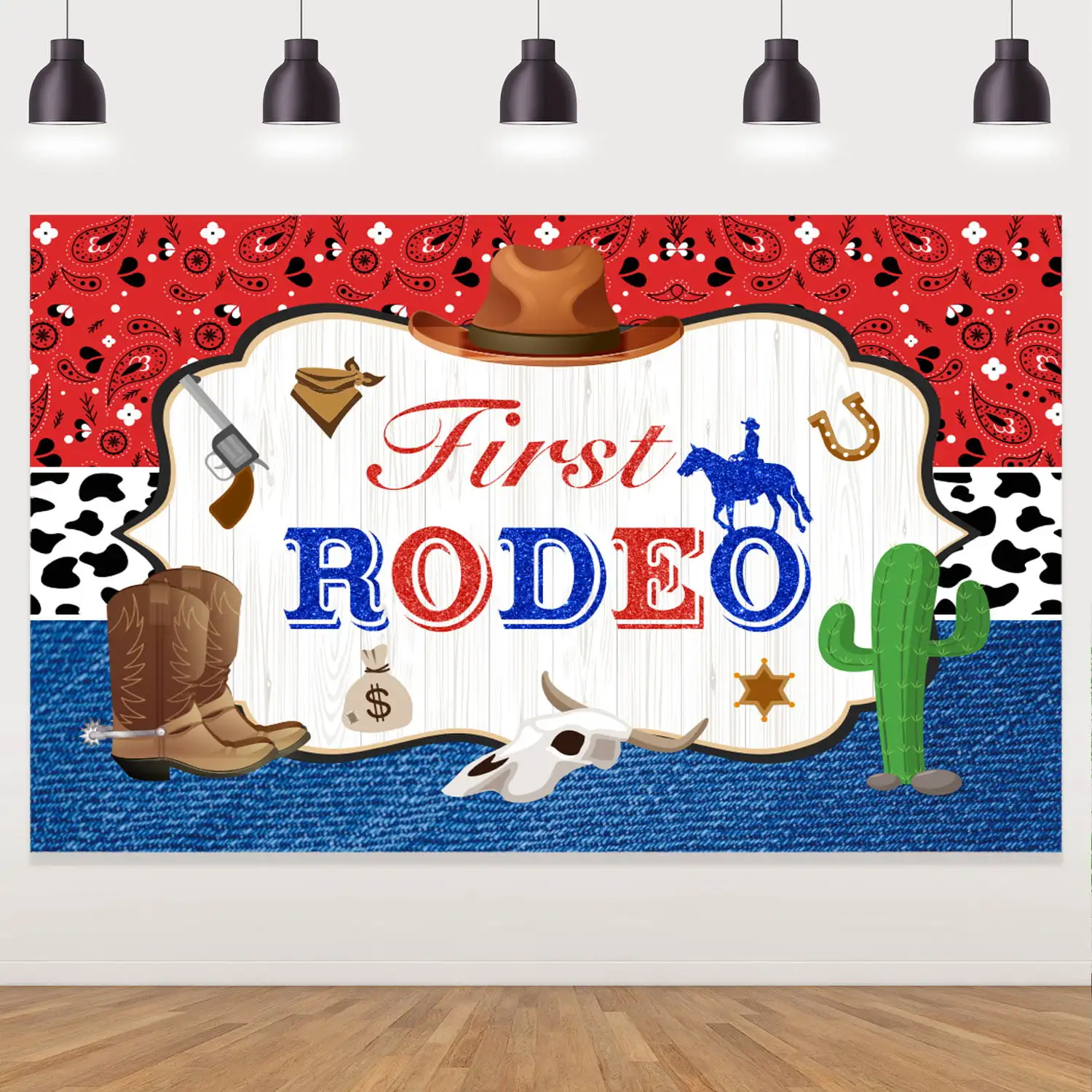 

Western Cowboy Backdrop with Cactus and Cow Boots for Boys, 1st Birthday Party Decoration, Photo Background Prop