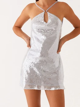 Elegant Women s Sequin Mini Dress with Spaghetti Straps and Backless Design Perfect for Summer Fashion Parties and Events 3