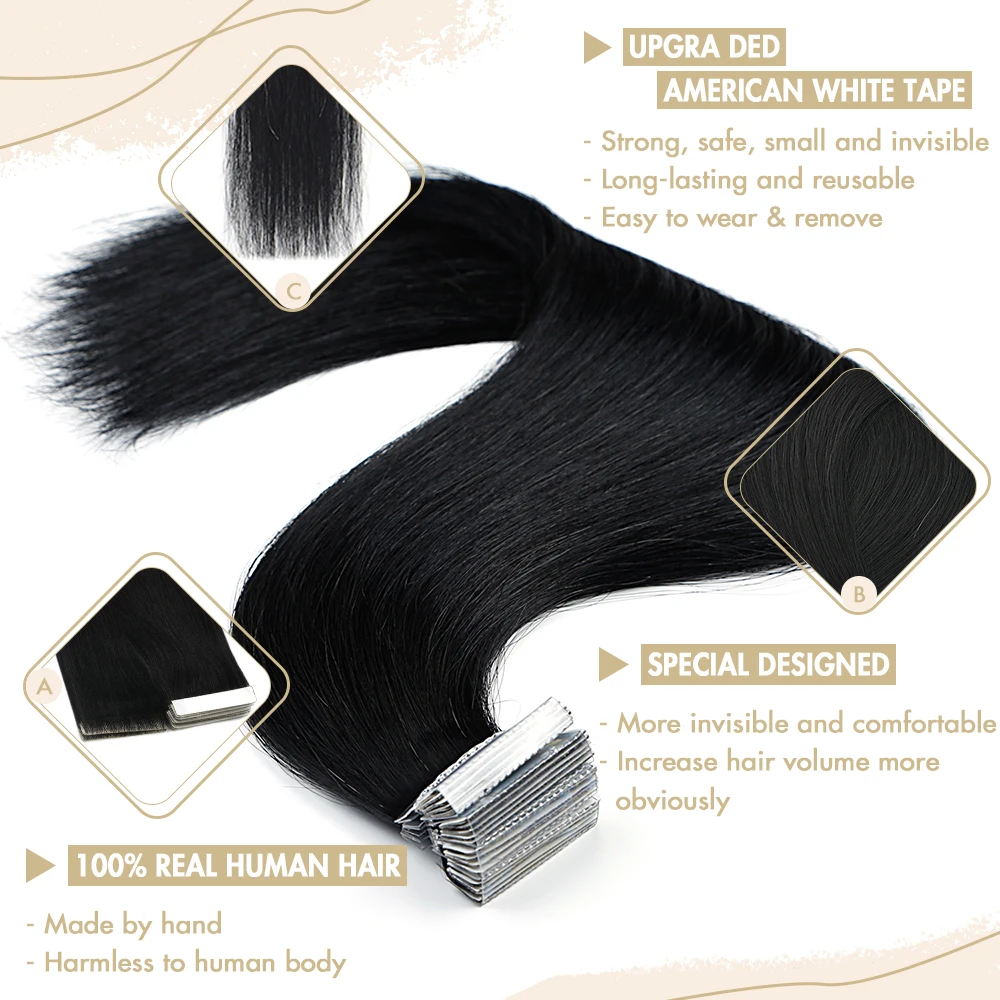 ZURIA Tape in Human Hair Extensions Straight PU Skin Weft Real Natural Glue Hair 16"20"22" 100% Hand Tied Remy Tape Wig
