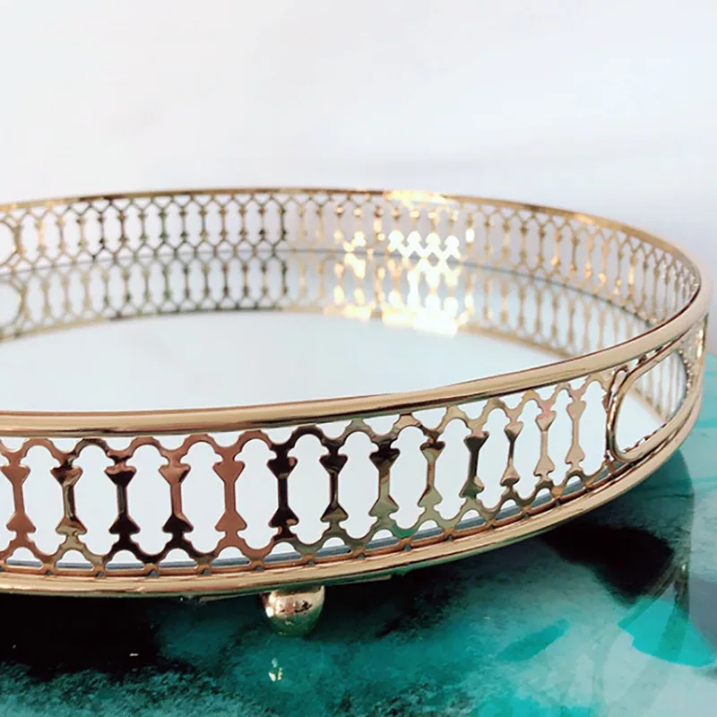 Round Metal Desktop Tray Golden w/ Mirror Glass Base Desktop Decor Perfume Jewelry Storage Party Cakes Fruit Serving Tray 5