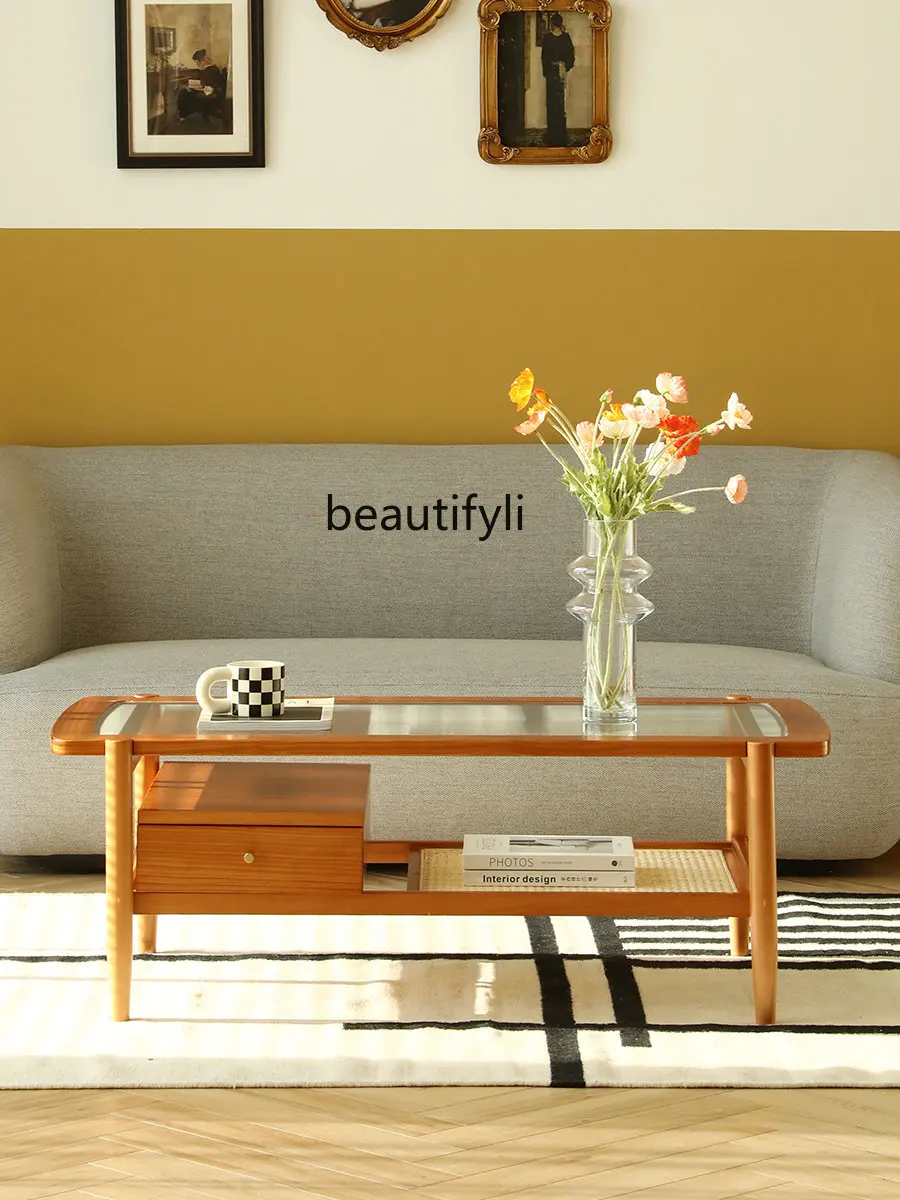 

zq Nordic Solid Wood Coffee Table Living Room Home Glass Rattan Rectangular Japanese Style Simple Coffee Table