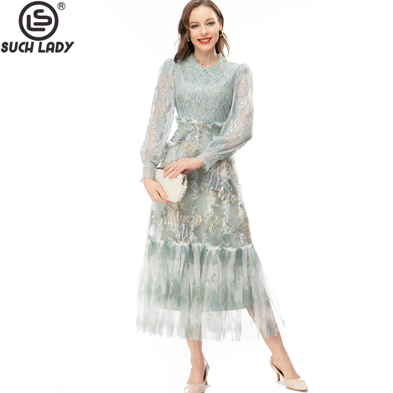 

Women's Runway Dresses Peter Pan Collar Long Sleeves Lace Ruffles Elegant Fashion Vestidos