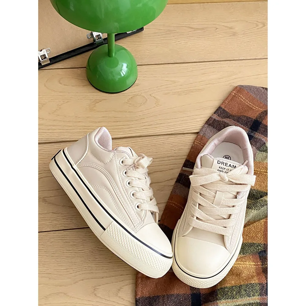 Thick Soled Leather Women Canvas Shoes 2024 New Spring Women Casual Board Shoes Instagram Trend Top Women's Shoes 24-173