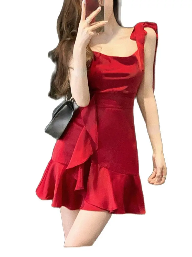 

2023 Satin Dress for Women New Fairycore High Waisted Ruffle Mini Dress Vintage Swinging Collar Spaghetti Strap Dress