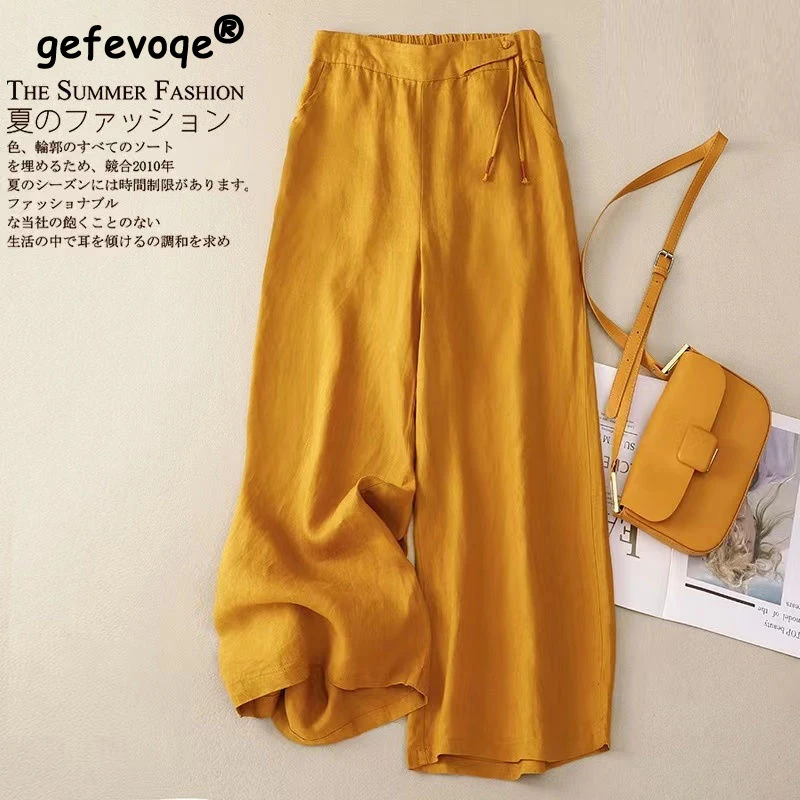 2023 Summer New Literary Vintage Cotton Line Wide Leg Pants Ladies Loose Casual Solid Color Comfortable Ankle Length Trousers