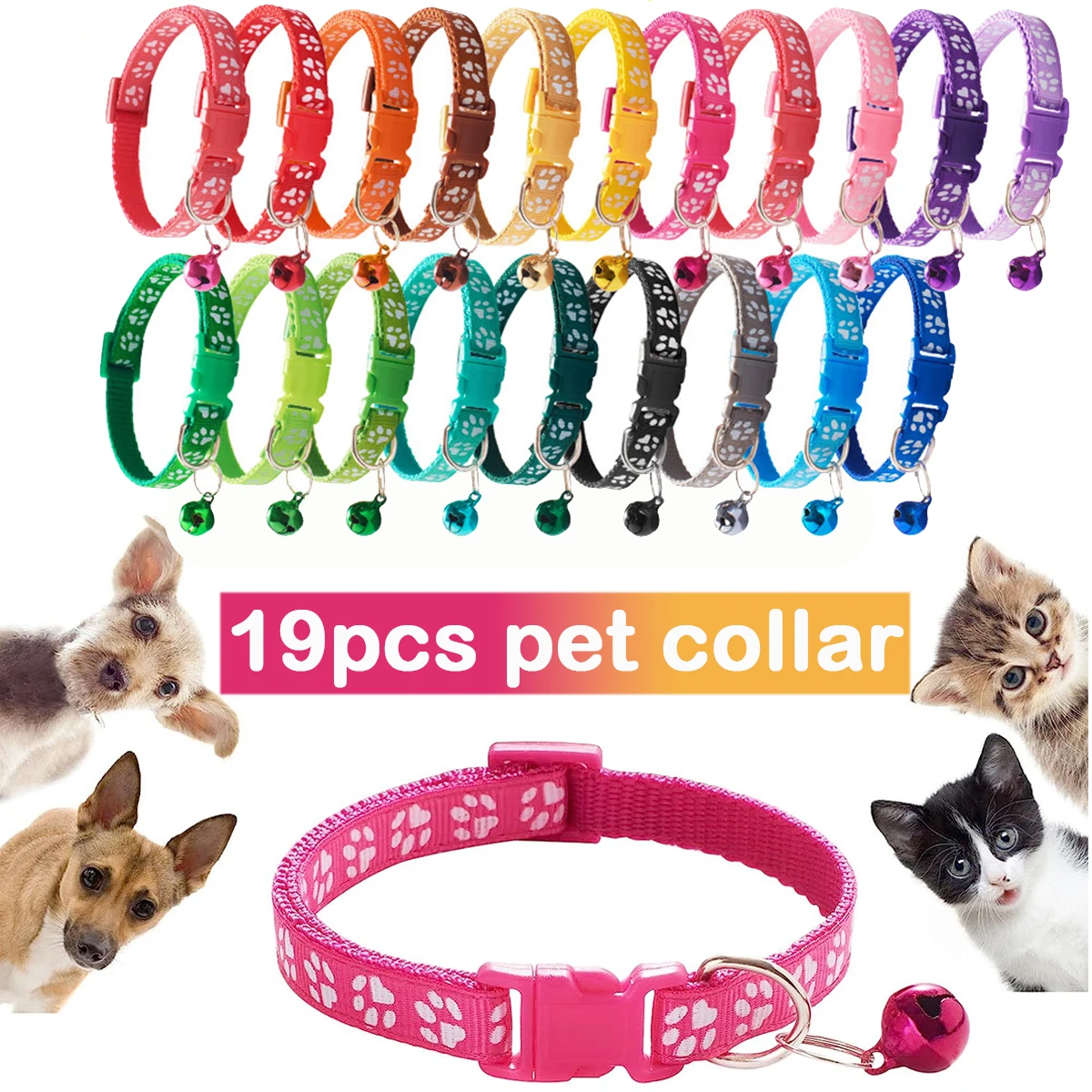 

19pcs Pet Collar With Bell Cartoon Footprint Colorful Dog Puppy Cat Accessories Kitten Collar Adjustable Safety Bell Necklace