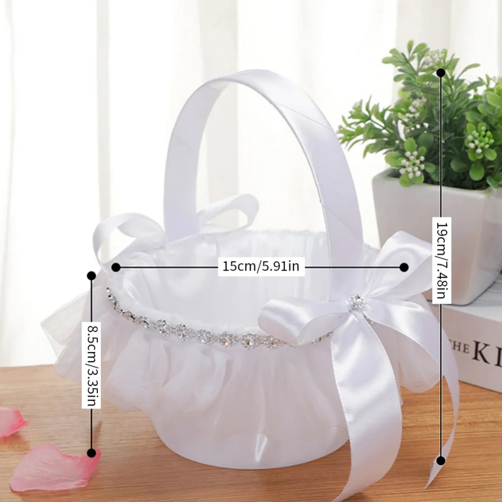 White Wedding Basket Satin Bowknot Rhinestone Lace Flower Girl Basket Decor NEW 