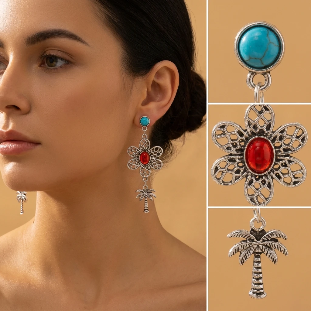Vintage Hohle Emaille-Kokosnussbaum-Ohrhänger für Damen, Sommerliche Blaue Wellenmuster-Ohrringe, Ästhetischer Partyschmuck, Geschenke – Detail 1