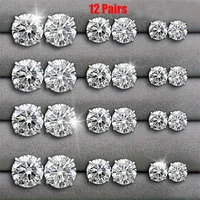 12 paires de boucles d'oreilles en Zircon à Six griffes, ensemble de boucles d'oreilles géométriques en cristal brillant blanc pour femmes et hommes, accessoires de bijoux 1