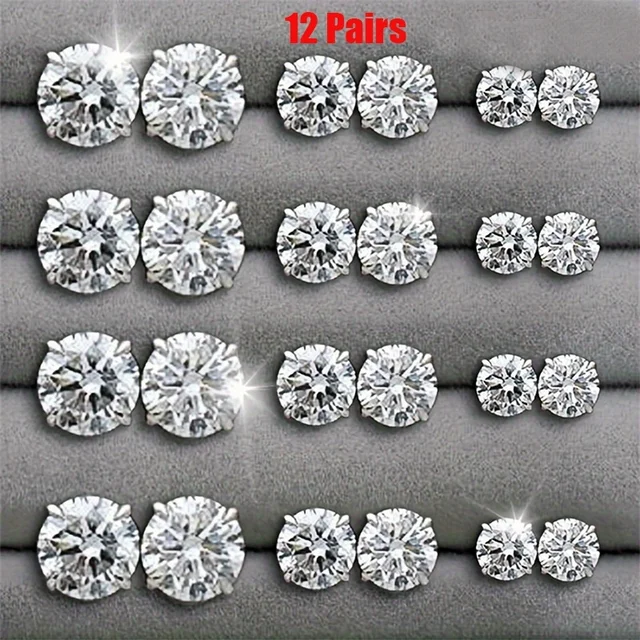 12 paires de boucles d'oreilles en Zircon à Six griffes, ensemble de boucles d'oreilles géométriques en cristal brillant blanc pour femmes et hommes, accessoires de bijoux 1