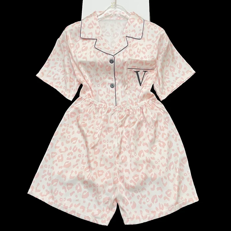 Ling Pink Print Leopard Pajamas  Ice Silk Satin Sleepwear Women 2PCS Fashion Women's Home Wear Short Sleeved Set for Summer