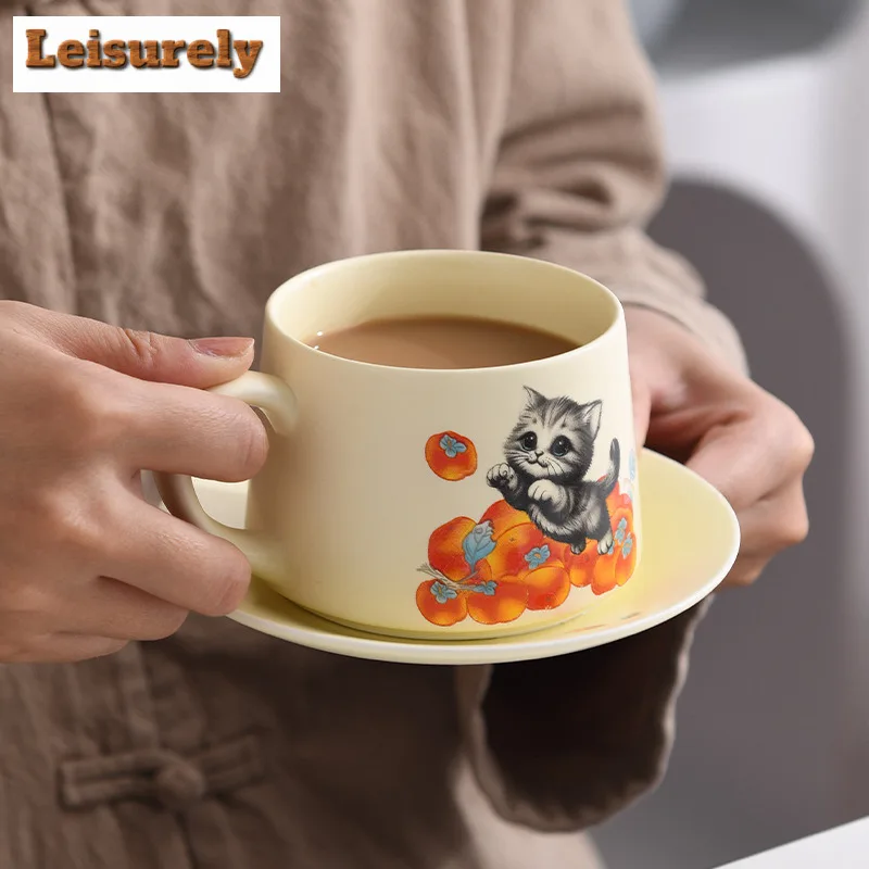 280ML Hand Drawn Persimmon Cat Coffee Mug With Plate Cappuccino Latte Cup Afternoon Tea Mug Household Cup Saucer Kit Tableware