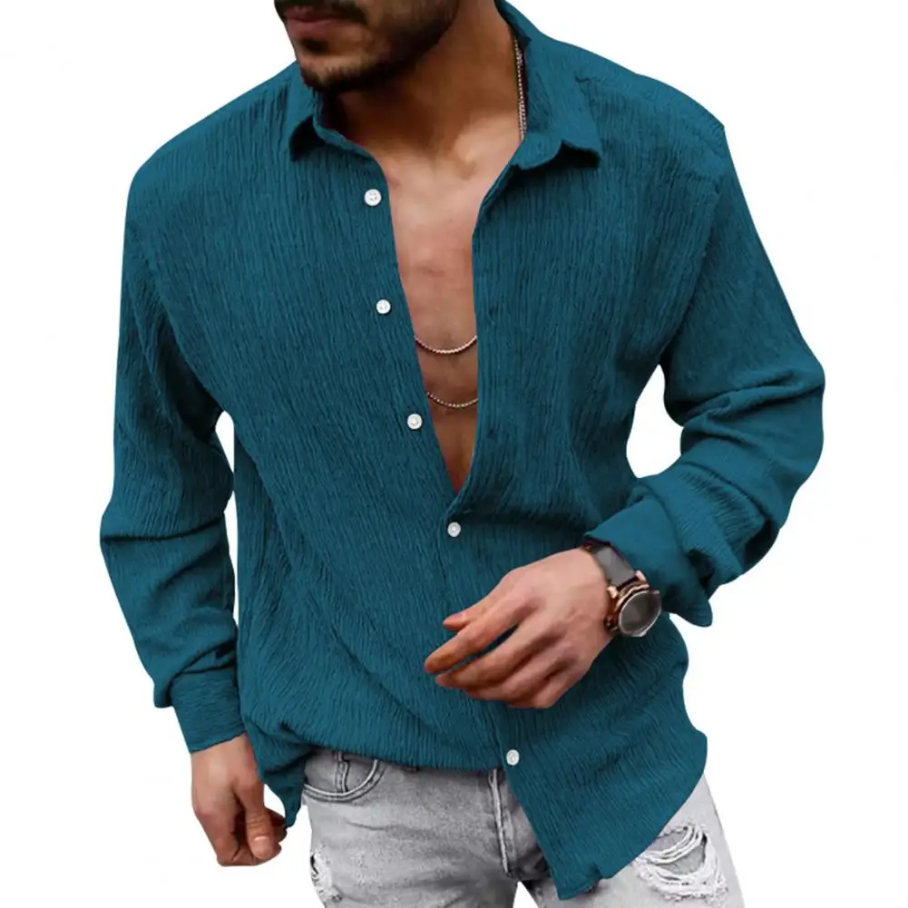 

Men Fall Spring Shirt Single-breasted Turn-down Collar Solid Color Cardigan Buttons Loose Mid Length Casual Formal Business Top