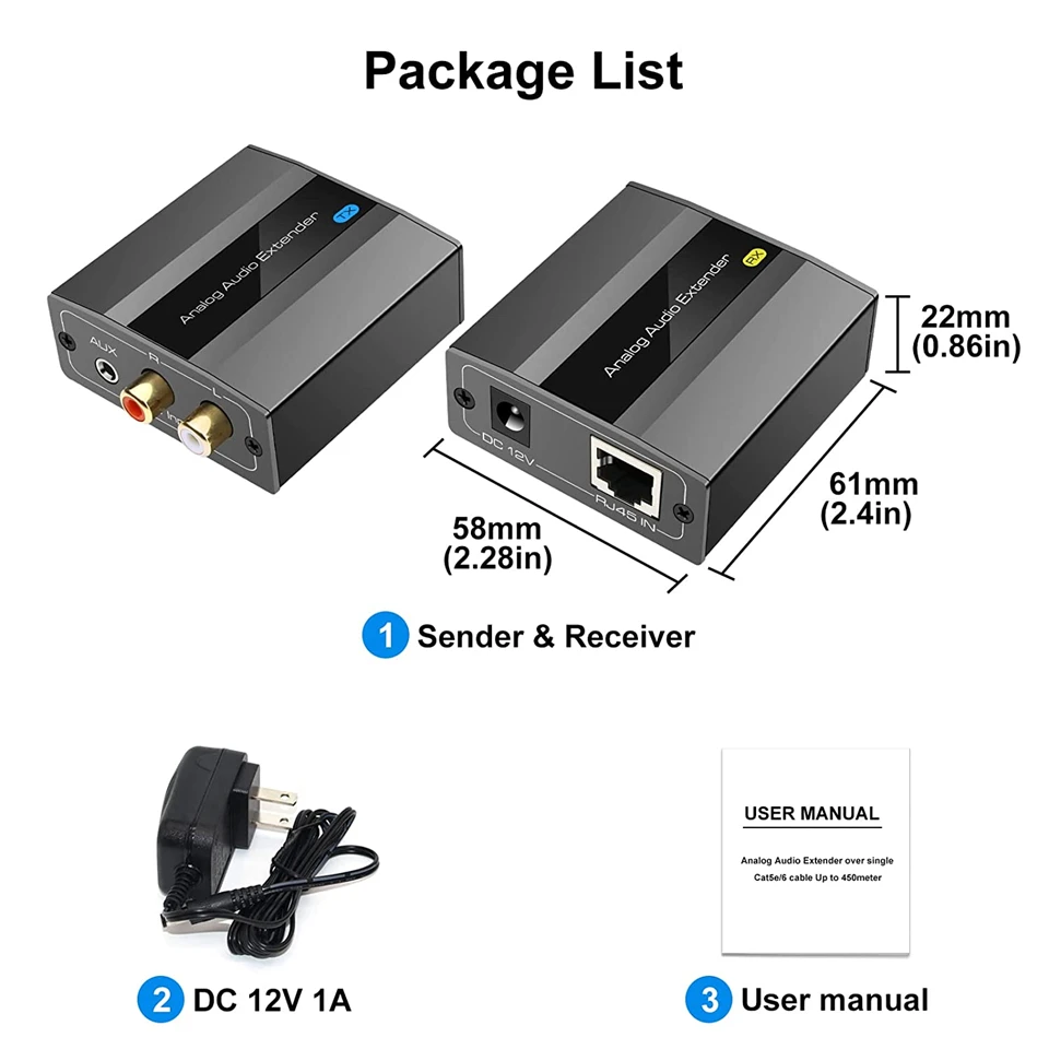 Analog Digital Audio Extender RCA 3.5mm Stereo Over Ethernet Single Cat5e Cat6 C