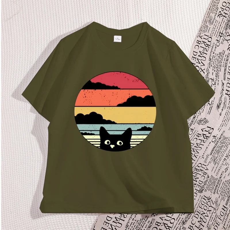 Vintage Black Cat Sunset Graphic Unisex T-Shirt - Cool Streetwear, Casual High-Quality Cotton Y2K Tee