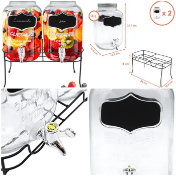 Getränke Spender Set - 2x 4l Glas mit Zapfhahn und Gestell - Saftspender Dispenser Wasserspender