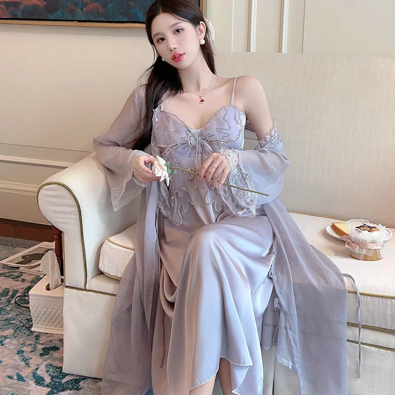 Summer New Arrival Chiffon Bathrobe With Ice-silk Nightdress Set Robe Gown Sets Fashion Women's Sweet Elegant Fairy Sleepwear