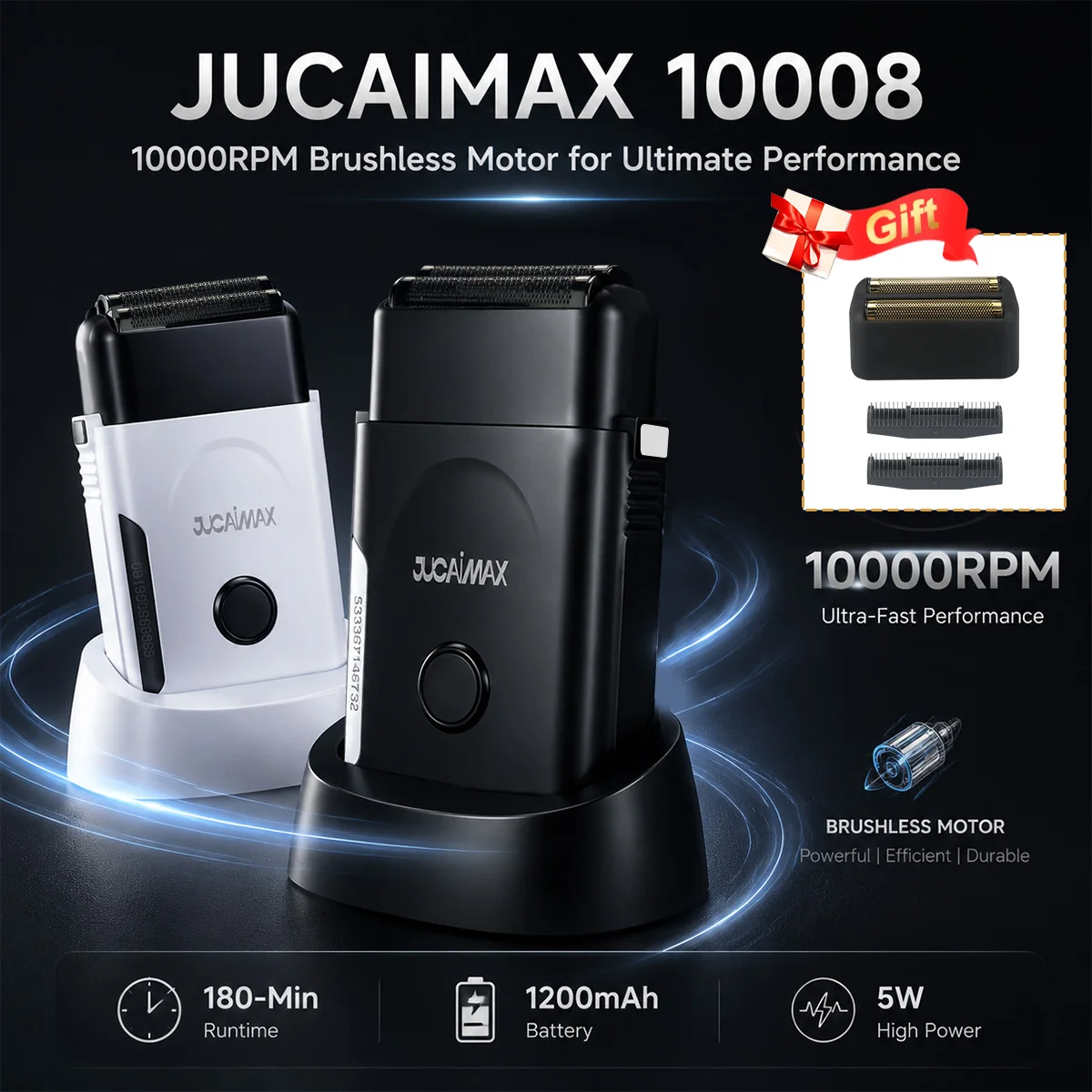 주카이 JC-10008 왕복식 면도기 10000RPM 브러시리스 모터, 도크 포함, 이중 포일 전문 전기 면도기 (남성용)