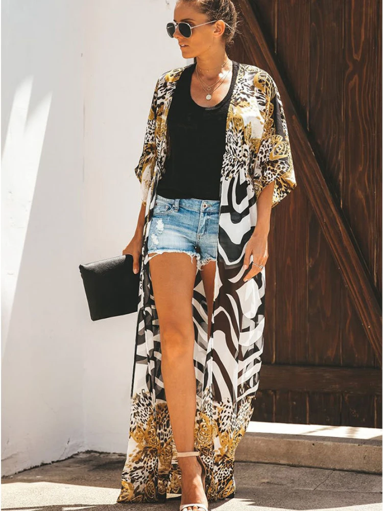 Bikini Cover Up Chiffon Beach Kimono Women Leopard Printed Long Cape for Swimsuit Tunic Summer Beach Wear Factory Supply 5