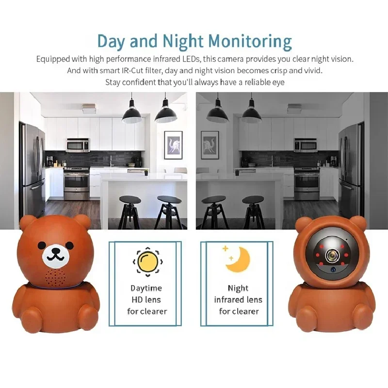 

Mini Camera Home Security Auto Tracking 2MP WiFi IP Surveillance Camera Indoor Baby Monitor Bear Camera Cartoon CCTV