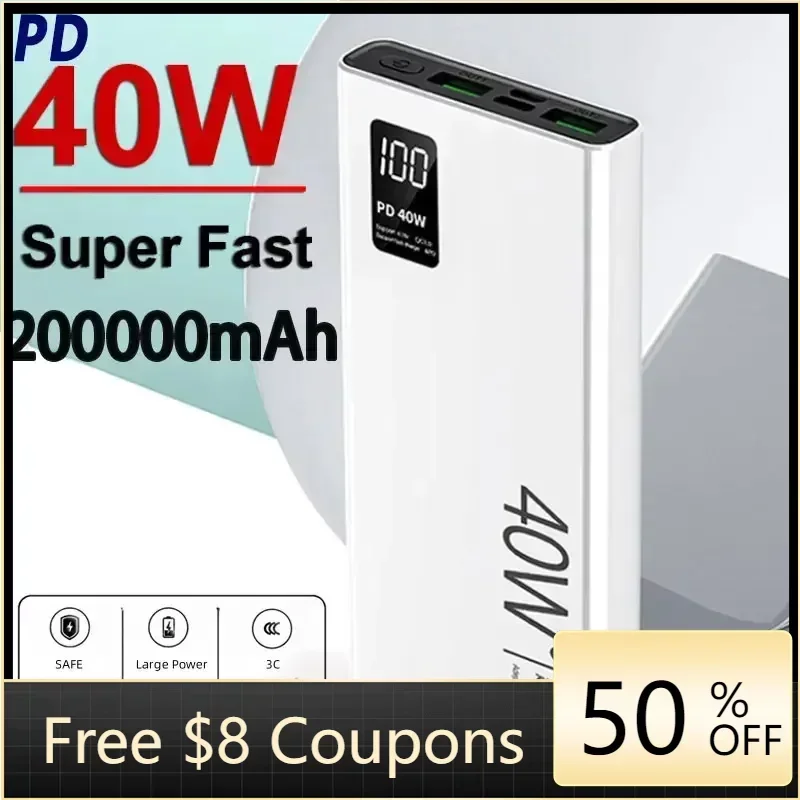 

PD40W Super Fast Charging Power Bank Portable 200000mAh Digital Display External Battery Charger For IPhone Xiaomi Huawei QC3.0